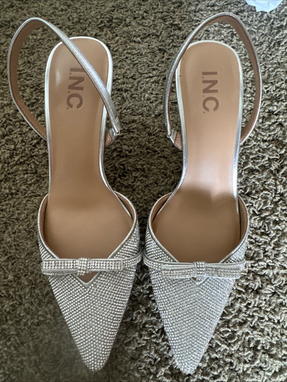 INC International Concepts Silver Rhinestone Pointed Slingback Heels with Bow